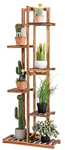 KOMFOTTEU Scala per fiori a 6 ripiani, a più piani, in legno di pino, supporto per piante con protezione antiribaltamento, scala fioriera con grande capacità per interni ed esterni, marrone