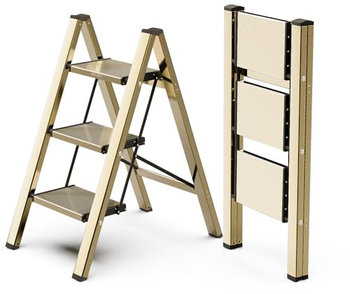 WOA WOA Step Ladder, 3 Step Foldable Step Stool with Widen Pedals, Portable Home Ladders for Kitchen, Lightweight Aluminum Stepladder, Compact Ladder for Space Saving (300lbs, Gold)