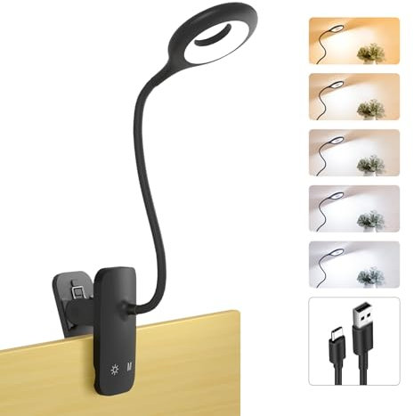 HECDSTLY Clip on Light Rechargeable with Large Clamp, Battery Operated Bed Headboard Reading Lamp - 5 Colors 5 Brightness, Flexible Arm Book Light at Night for Kids Desk Bunk Metal Bed Frame (Black)