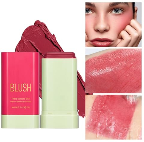 LMDAOO Multi-Use Cream Blush Stick, Soft Blush Cream Makeup for Cheek & Lips, Unique Roating Design Blush Stick, Waterproof Natural Matte Texture Blush Stick (02# Red, Normal Size)