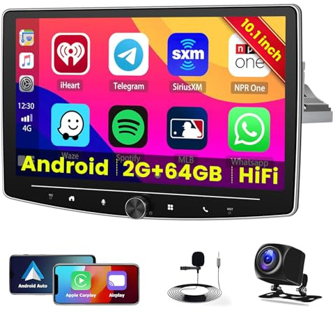 Inefala 2G+64G Android 15 Radio Coche 1 DIN con Pantalla Táctil Giratoria 10.1, Autoradio 1 DIN Bluetooth con Inalámbrico Carplay Android Auto, HiFi, GPS, WiFi, RDS/FM, Cámara Trasera, Mic