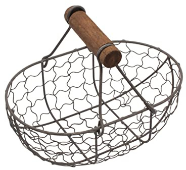 Xnferty Kleiner Drahtkorb, 7,1 Zoll Eisen-Metalldrahtkorb mit Holzgriff, Ländliche Vintage-Form, Garten-Erntekorb, Ovaler Aufbewahrungskorb Zum Sammeln von Hühnereiern, Drahtkorb für(Schwarz)