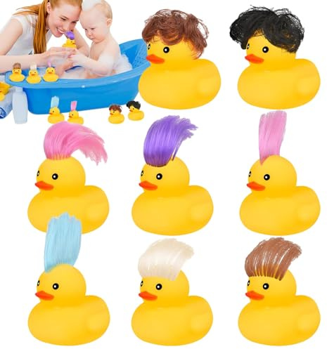 GkgWuxf Pequeños Patitos de Goma,Pato de Goma con Peluca,8 piezas peluca patos de goma | lindos y divertidos pequeños patos de goma juguetes para la bañera juguetes de ducha para cumpleaños vacaciones