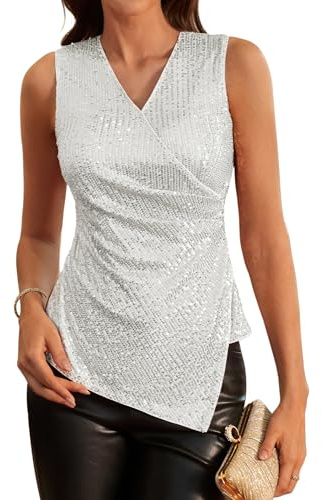 Top glitterato Canotte festive da Donna Camicetta estiva senza maniche da Donna Paillettes da festa M Argento-1