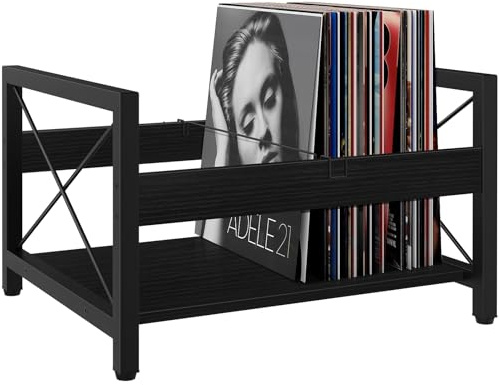ELITEROO Vinyl Record Holder, Wooden Record Crate Fits 7” -12” Records, Vinyl Shelf Holds up to 50-100 Albums, DVDs, CDs or Files Wood Book Storage Stand Desktop Organizer Box (Black)