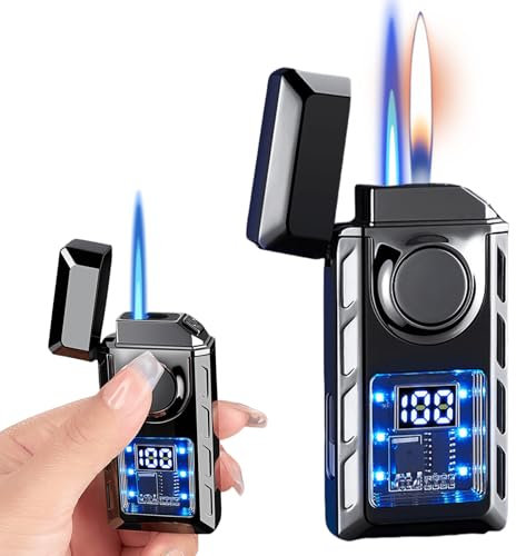 Accendino a doppia fiamma in metallo, ricaricabile, tipo C, con luci a LED, movimento antivento, con camera d'aria visibile per regali di campeggio (nero)