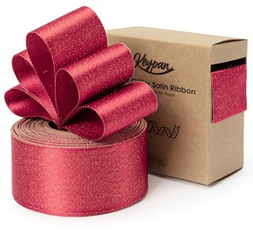 Keypan Rot Satinband 38mm Doppelseitig mit Drahtkante Geschenkband | 9.14m Glitzerndes Schleifenband für Geschenk Verpackung, Schleifen Blumenstrauß & Dekoration Kranz Baumschmuck