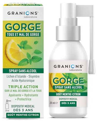 GRANIONS SPRAY GORGE |Toux et Mal de Gorge - Sans Alcool - Triple action apaisante, hydratante et protectrice - Dispositif médical - Dès 3 ans, pour toute la famille Arôme Menthe-Citron - 20 mL