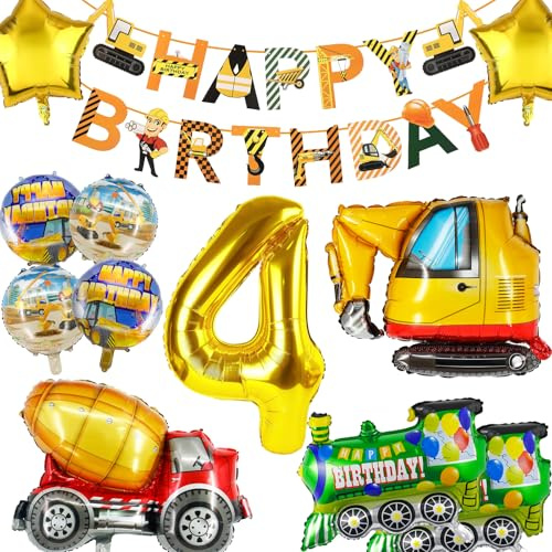 YianHien Bagger Geburtstagsdeko 4 Jahre Jungen, XXL Bagger Luftballons Kinder Geburtstag Party Deko Set, Bagger Deko Kindergeburtstag Folienballon, Baustelle Bagger Geburtstagdeko für 4 Jahre Kinder