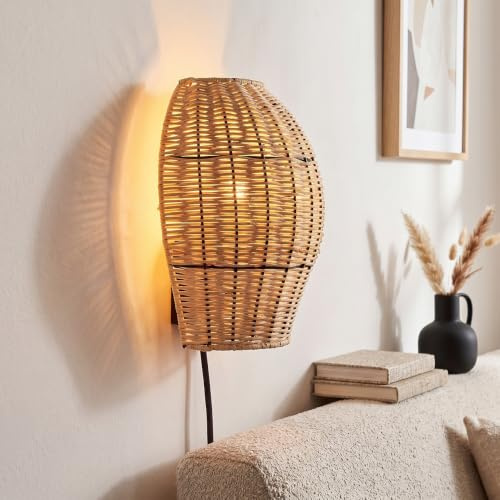 HOFSTEIN Wandleuchte Cardeira, Wandlampe aus Metall/Rattan in Schwarz/Natur, Leuchte im Boho-Design mit Gitterschirm und Lichteffekt, E27, Wohnzimmer, Schlafzimmer, Küche, Flur, Treppenhaus
