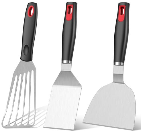 KLAQQED Spatula Set Stainless Steel Kitchen Metal Spatula for Cast Iron Skillet with Silicone Handle, Fish Spatula Turner Flipper for Pancake Burger Egg Cooking Spatulas BBQ Grill Griddle