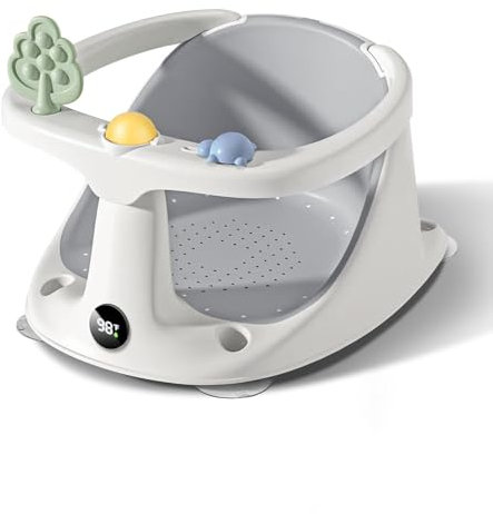 EzyWay Baby Bath Seat with Thermostat for Babies 6 Months & Up, Non-Slip Sitting Up, Soft Cushion (Grey)
