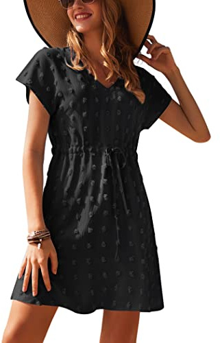Ekouaer Beach Cover Ups for Women V-Neck Fasion Beachwear Bathing Casual Short Sleeve Bikini Women's Bathing Suit Cover Up Black M
