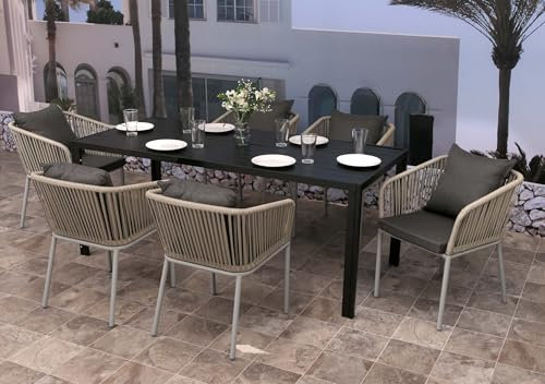Mendler Gartengarnitur HWC-N41, Tisch+6xStuhl, wetterfest Alu 180x80cm, Seilgeflecht Rope - grau, Kissen dunkelgrau
