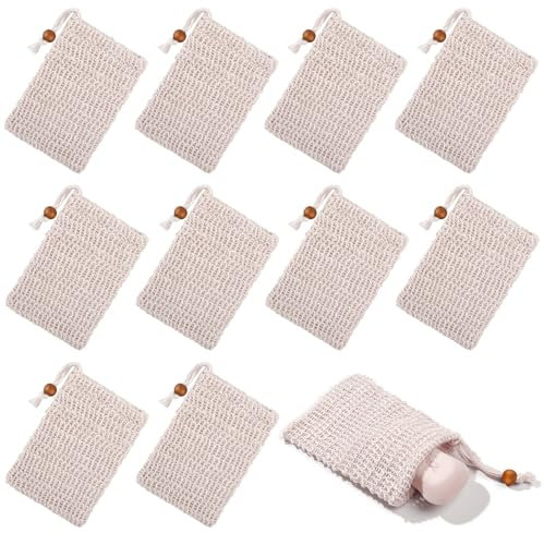 10 Stück Seifensäckchen Bio, Natürliches Sisal Seifenbeutel, Seifensäckchen für Feste Seife, Sicherer und Langlebiger Sisalfaser Seifensäckchen, Kordelzug Massage Seifensack, für Feste Seife Mesh
