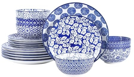 Selamica Keramik-Geschirr-Sets für 6, 18-teiliges Teller- und Schüssel-Set, kratzfestes Geschirr-Set, spülmaschinen- und mikrowellengeeignet, Vintage-Blau