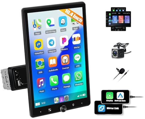 CAMECHO Autoradio 1 Din A-pple Carplay Android Auto con Telecamera Posteriore, 10.4 Pollici Schermo Girevole 2.5D 800 * 1280 Touchscreen Radio con FM Bluetooth EQ Specchio Link + Volante di Controllo