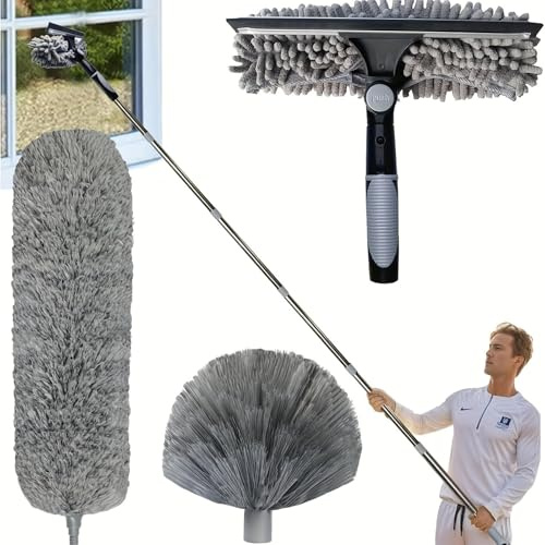 Kit de limpieza de polvo de alta capacidad de 6 m, plumero de microfibra para telarañas, palo telescópico de 1,5-4,9 m para ventiladores de techo, tejado, ventanas, paredes, pantallas de lámpara