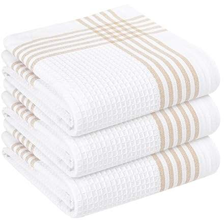 HEIRLOOM COMFORT Beige and White Waffle Kitchen Towels 3 Pack, 100% Cotton, 40x66 cm, Ultra Absorbent, Fast Dry Dish Towels, Reusable Dishcloths for Drying, Cleaning, Kitchen Use