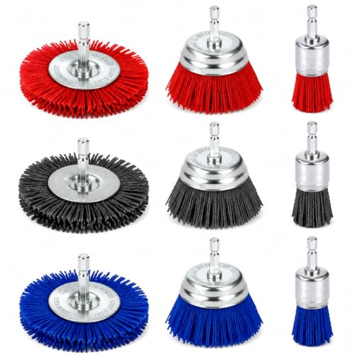 Nylonbürste Bohrmaschine Set, 9-teilig, 80/100/240 Grit, 1/4 Zoll | 3 Körnungen und 3 Bürstenformen zum Entrosten, Entlacken und Reinigen von Metall, Holz, Stein und weiteren Flächen