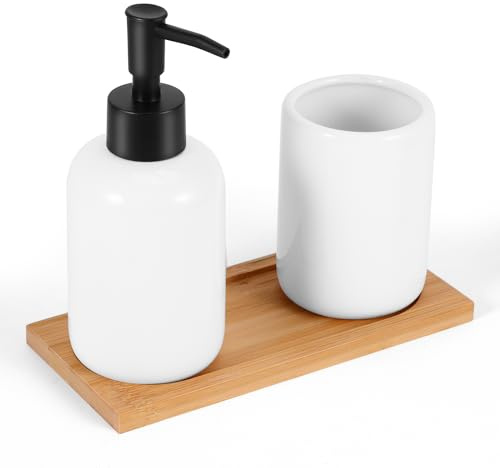 Bathroom Accessories Set - 3PCS Bathroom Accessory Gift Set, 320ml Round Ceramic Hand Soap Dispenser with Plastic Pump Head, Toothbrush Cup and Tray for Shampoo/Bath Milk/Liquid Soap
