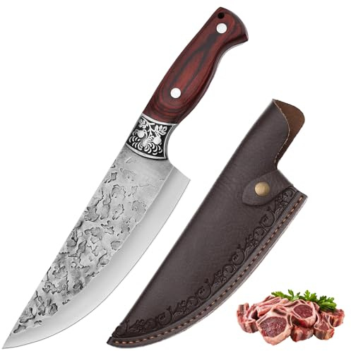 Doklasu Chef Knife 7 inch Japanese Style Kitchen Knife Hand Forged Full Tang High Carbon Steel for Home Outdoor Cooking with Red Coloured Wooden Handle and Sheath
