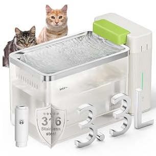 A3Lite Katzenbrunnen aus Edelstahl 3,3L – 316 Edelstahl-Schale, Dreifachfiltration, Ultra-Leise (≤20 dB), Touch-Modus Wasserfall/Energiesparen, Warnung bei Wassermangel (Weiß)
