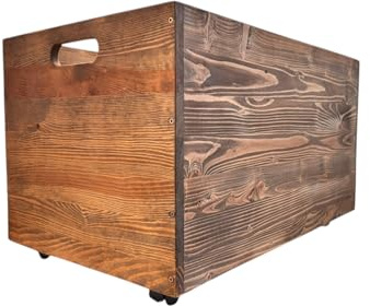 weeco Baúl de almacenamiento de madera con ruedas, 73 x 45 x 40 cm, madera de pino, marrón, multifuncional, para leña, juguetes, mantas