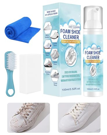 Rengöringsskum sneakers 100 ml, blekmedel, komplett kit med borste och svamp, mjuk djuprengöring för läder och canvas | snabbtorkande utan repor, dagligt underhåll sportskor