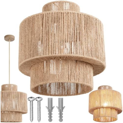 tectake® Hängelampe im Boho-Stil, Deckenleuchte mit Vintage Lampenschirm, Ø 40,5 cm, Wohnzimmerlampe mit E27 Fassung, Schlafzimmerlampe, Pendelleuchte Esstisch, Deckenlampe Wohnzimmer aus Jute