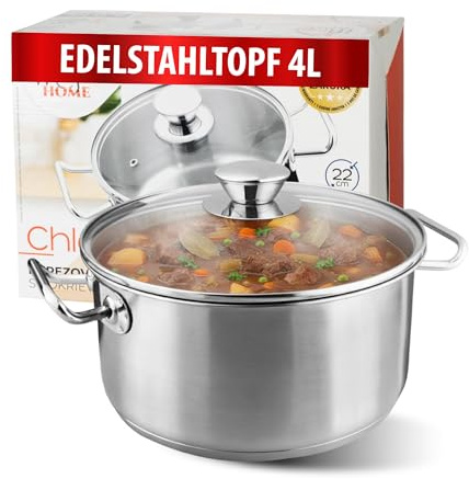 MAGIC HOME Bratentopf mit Deckel 22 cm 4 Liter | INDUKTION | Topf aus Hochwertiger Edelstahl | Kochtopf mit Glasdeckel | 22cm | Satin-Finish | Alle Herdarten | Suppentopf, Nudelntopf | Chloe