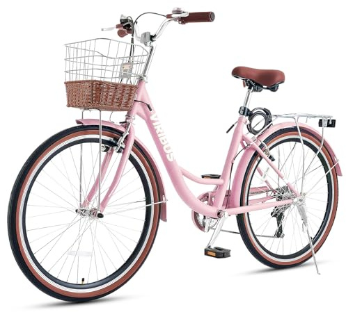 VIRIBUS Beach Cruiser Bike for Women, 26 inch Womens Bike, 7 Speed Cruiser Bikes with Rattan Basket, City Commuter Vintage Retro Step Through Bicycle for Petite Female Ladies Seniors, Pink, 330 Lb.