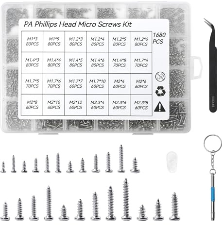 MSIHEY 1680 Selbstschneidend Schrauben Set, Mini Mikro Rundkopf Kreuzschlitz Schrauben Set, Brillenschrauben Set M1 - M2.3 Größen für Brillen, Uhren, Kameras, Laptops