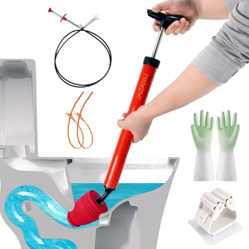 Toilet Plunger & Bathroom Plunger, High Pressure Toilet Auger - Powerful Air Drain Unclogger & Toilet Clog Remover, Premium Toilet Snake for Sinks & Clogged Pipes (Red)