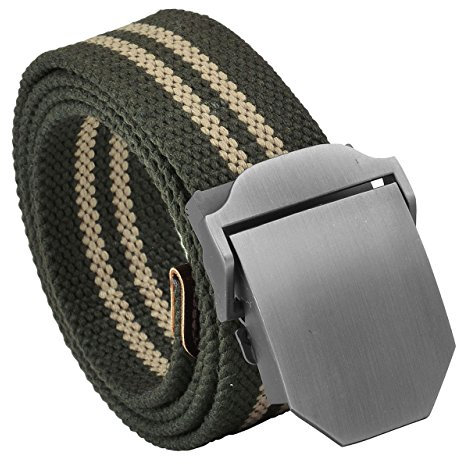 FALETO Herren Militär Gürtel Stoffgürtel mit Glatt Schnalle Leinwand Canvas Jeansgürtel Belts 125cm + Original Geschenkbox (Militär Grün Streifen)