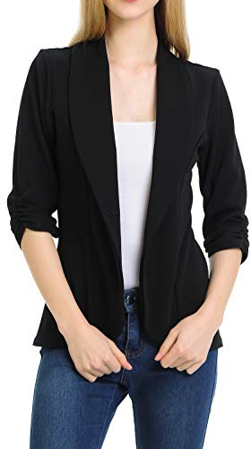MINEFREE Women's 3/4 Ruched Sleeve Lightweight Work Office Blazer Jacket Black 2XL