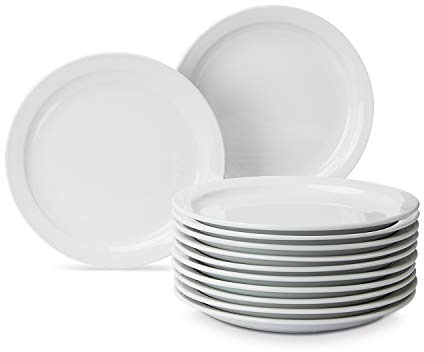 Amazon Basics 12-Piece Porcelain, 9 Inch Narrow Rim Dinner Plate Set, Microwave and Oven Safe, Heavy-Duty, White