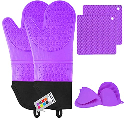 Silicone Oven Mitts and Pot Holders Sets, MTZRFLL Extra Long Heat Resistant Oven Gloves with Hot Pads and Mini Oven Mits Set for Kitchen Cooking Baking, Soft Quilted Lining, Pack of 6 (Purple)