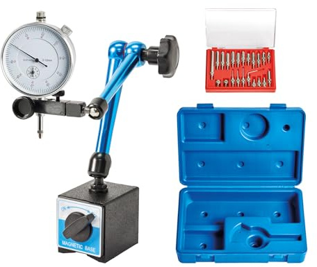 WABECO Magnet-Messstativ mit Zentralklemmung, Messuhr und 22-teiligen Messeinsätzen im Koffer, Präzisions-Messstativ mit Magnetfuß, Feinmessuhr 0,01 mm nach DIN 878, Magnetfuß 80 kg Haftkraft