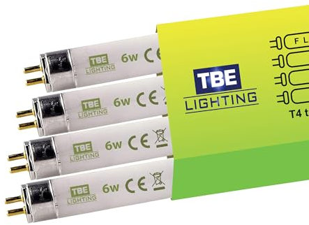 TBE Lighting T4 6w Fluorescent Tube Lamps 232mm - 4 Pack of CFL Bulbs - G5 2-Pin Base fittings - T4 High Efficiency Lamps, Soft White 3500K