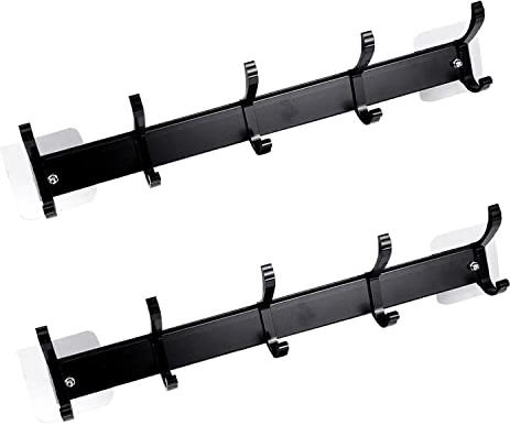 LEADAHEAD Wall Mounted Coat Rack Self Adhesive Coat Hangers with 5 Movable Hooks Door Hanger Hooks for Clothes Robes Hats Towel 2 Pack
