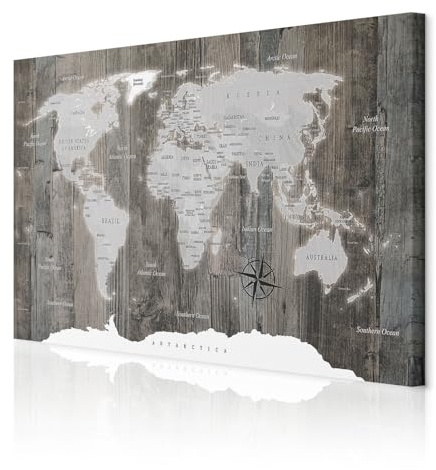 decomonkey Akustikbild Weltkarte 120x80 cm XXL 1 Teilig Leinwand Modern Bilder Wandbilder XXL Schallschlucker Schallschutz Akustikdämmung Wandbild Deko Leise Holz Welt Karte Landkarte Kontinente