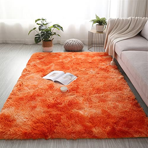 Lifup Tapis Rectangulaire à Poils Longs Doux et Moelleux, Tapis Décoratif Antidérapant pour Salon Chambre Tie-Dye Orange 100 x 200 cm