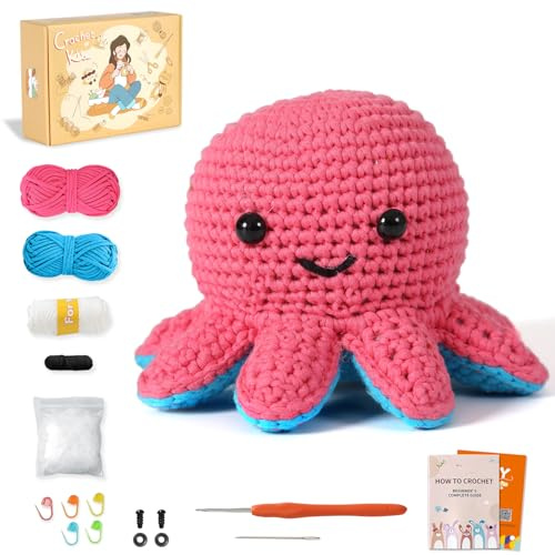 Ktmeor Häkelkit für Anfänger, Häkeltier-Kit mit Schritt-für-Schritt-Video-Tutorials, Easy Garn und 20% Extra-Übungsgarn-Cut-Tintenfisch