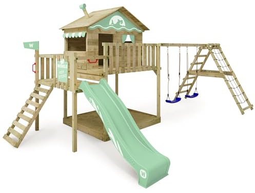 Gioco da giardino WICKEY Smart Ocean con altalena e scivolo, struttura da esterno per bambini con sabbiera, scaletta e accessori da gioco (verde pastello)