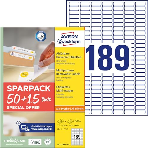 AVERY Zweckform L4731REV-65 Universal-Etiketten (9.450 plus 2.835 Klebeetiketten extra, 25,4x10mm auf A4, wieder rückstandsfrei ablösbar/abziehbar, bedruckbar, selbstklebende Aufkleber) 65 Blatt, weiß