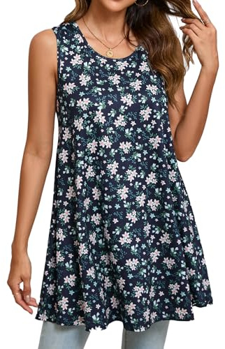 Enmain Túnica Mujer Sin Mangas Verano Camiseta Sin Mangas Talla Grande Flores Tops Blusas Larga Camisa Cuello Redondo Casual Cómoda Azul Marino 3XL