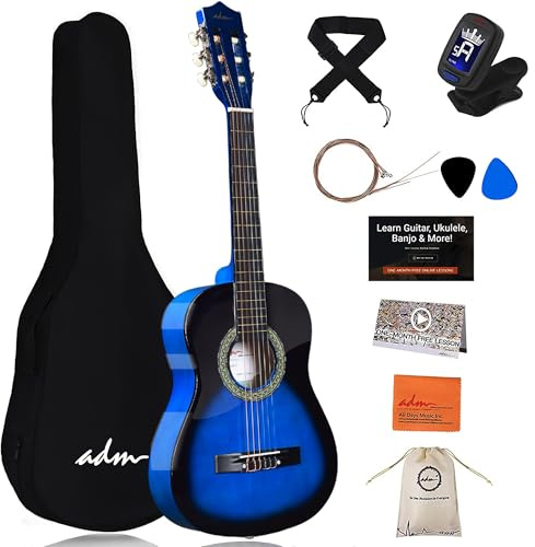 ADM Kit de guitarra clásica de 1/2 para niños, juego de guitarra junior de 34 pulgadas para principiantes con bolsa de concierto, afinador de clip, correa, púas, cuerdas adicionales, bolsa de