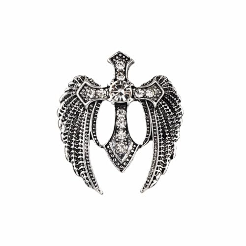 Kristall Engel Flügel Brosche Strass Kreuz Schwert Revers Anstecknadel Vintage Schwert Kragen Corsage Brust Pin Anzug Rock Mantel Abzeichen Accessoires für Herren Damen Frauen Männer (Silber)