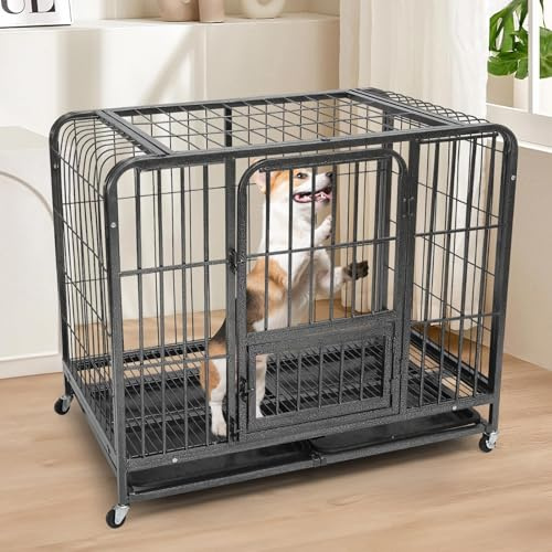 Gabbia per cani di medie e grandi dimensioni, gabbia per cani di medie e grandi dimensioni, 93 x 64 x 84 cm, vassoio rimovibile per la pulizia con ruote bloccabili